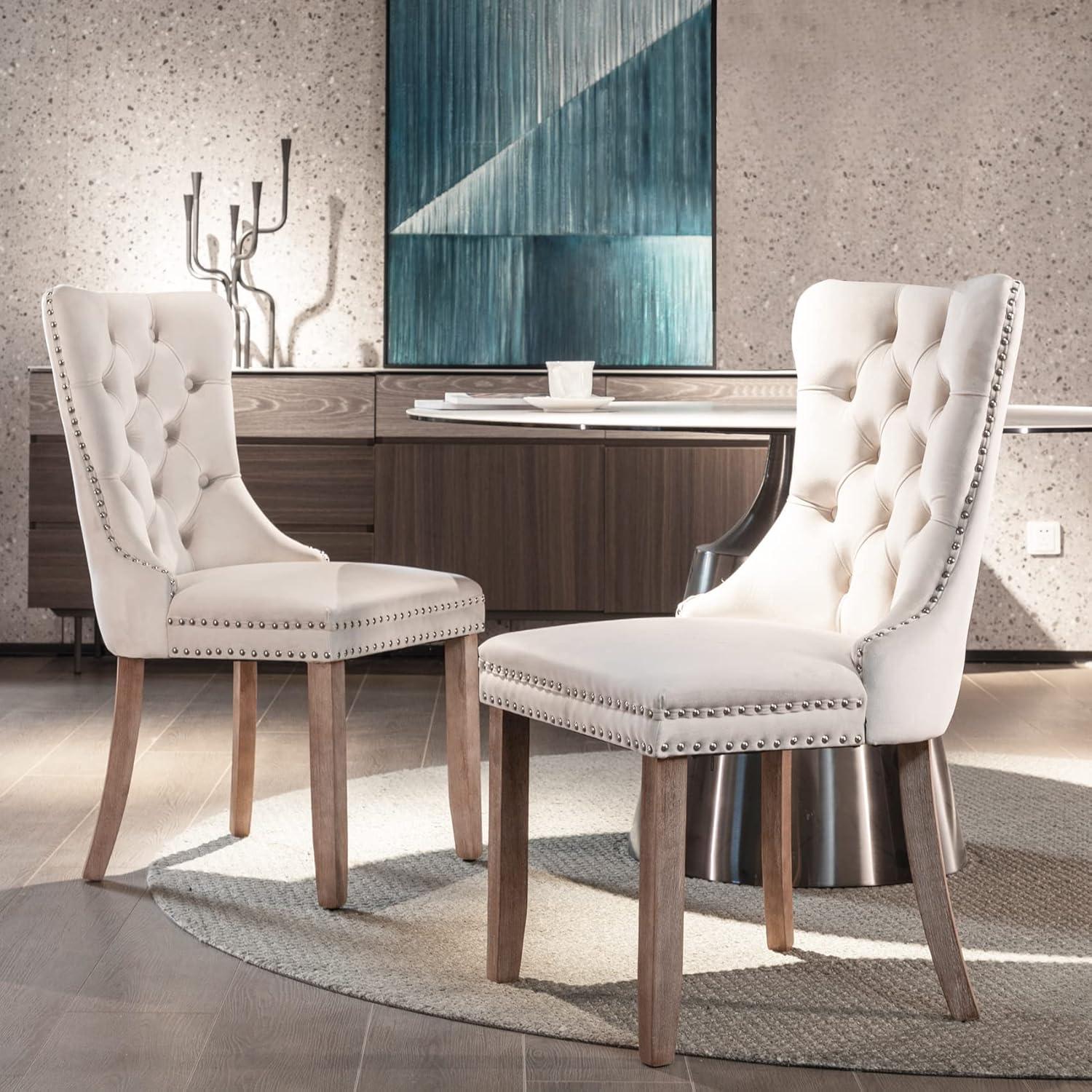 ODUSE-DAILY Beige Velvet Dining Chairs Set of 2, Kitchen & Dining Room Chairs, Tufted Dining Chairs, Fabric Upholstered, Solid Wood, Sillas De Comedor (Beige, 2 Pcs)