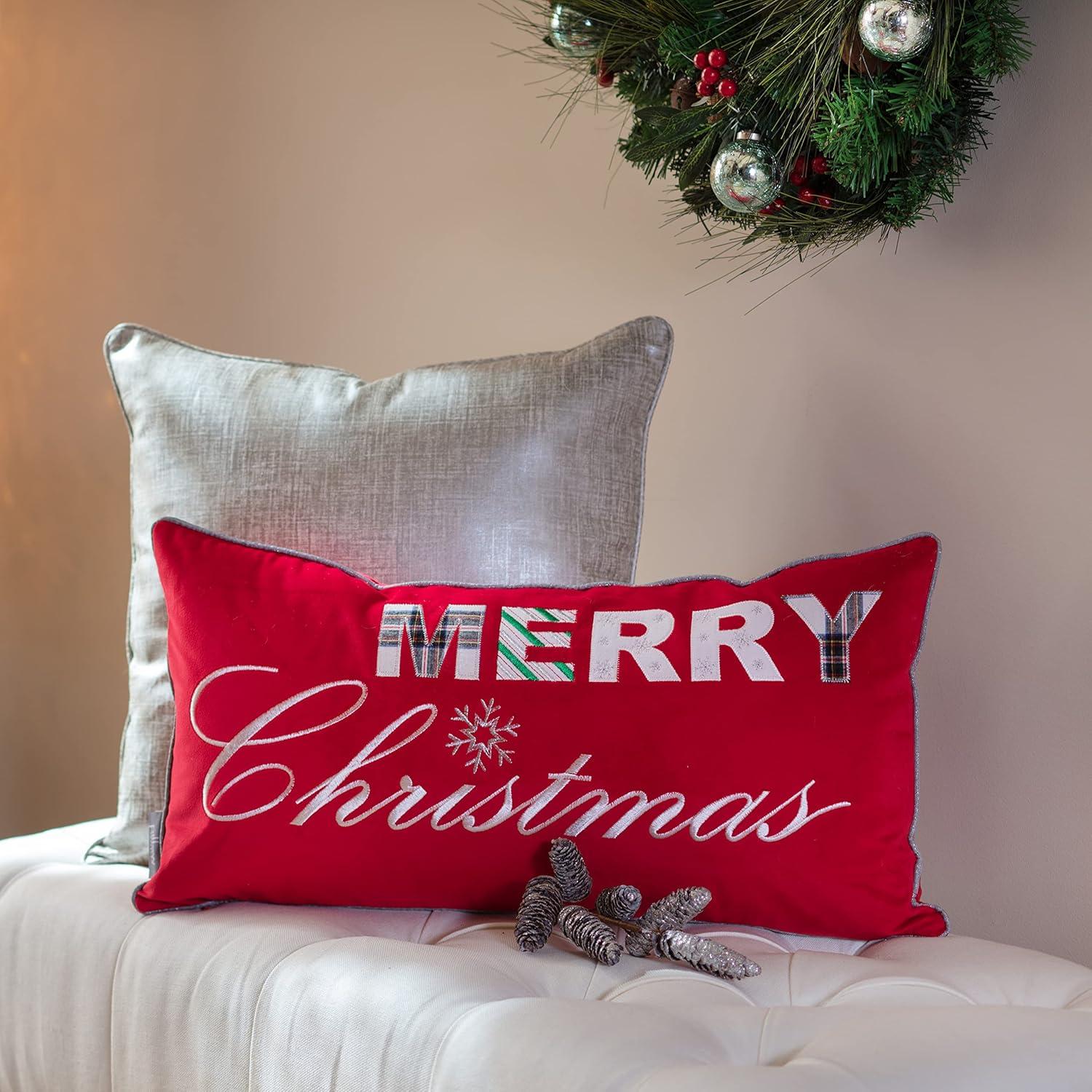 13"x25" Oversized Merry Christmas Lumbar Throw Pillow Red - Pillow Perfect