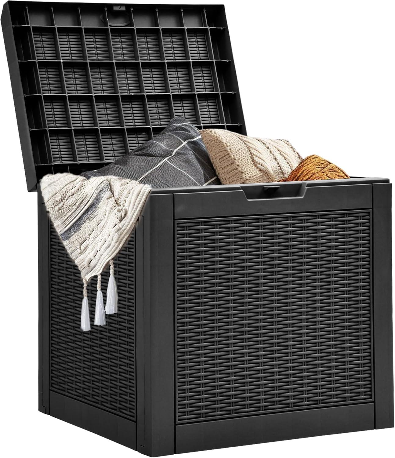 YITAHOME 32 Gallon Rattan Deck Box, Indoor Outdoor Storage Box for Patio Furniture, Pool Accessories, Cushions, Garden Tools, Sports Equipment, Waterproof Resin with Lockable Lid & Side Handles, Black