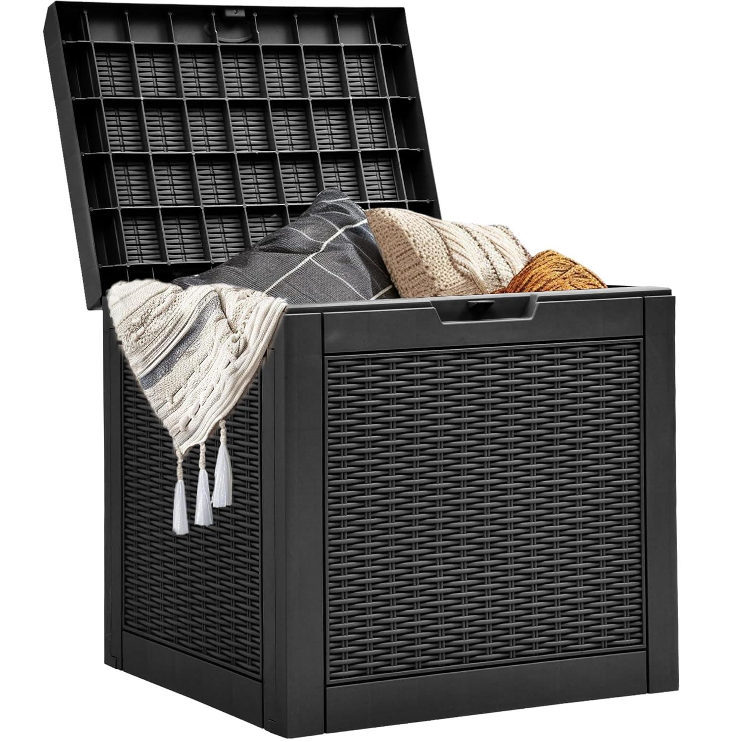YITAHOME 32 Gallon Rattan Deck Box, Indoor Outdoor Storage Box for Patio Furniture, Pool Accessories, Cushions, Garden Tools, Sports Equipment, Waterproof Resin with Lockable Lid & Side Handles, Black