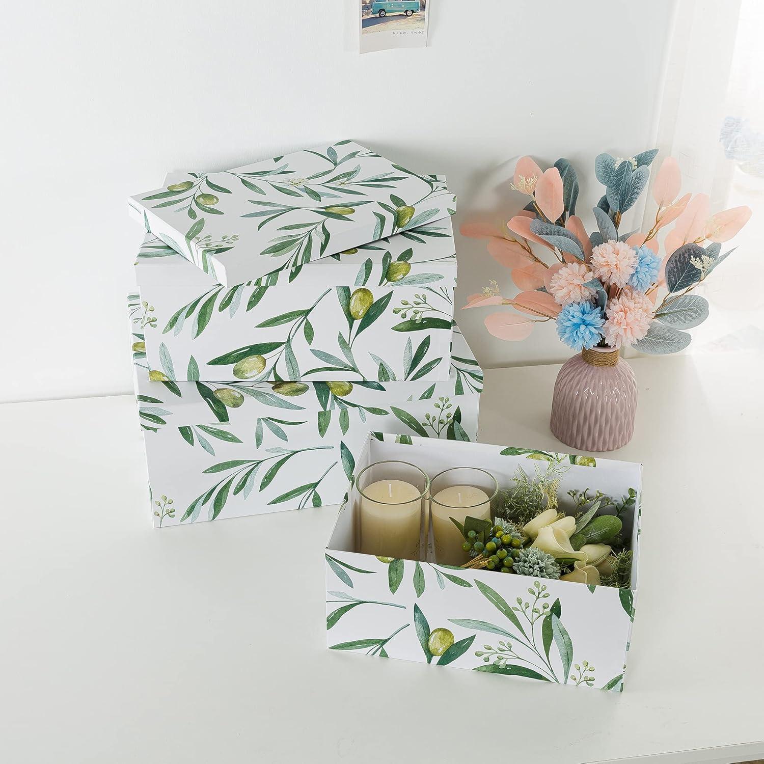 Soul & Lane Olive Branches Cardboard Boxes - Set of 3: Botanical Themed Wedding Favor Bins, Paperboard Photo Storage Box, Flower Decorative Storage Boxes with Lids, Green and White Gift Bins