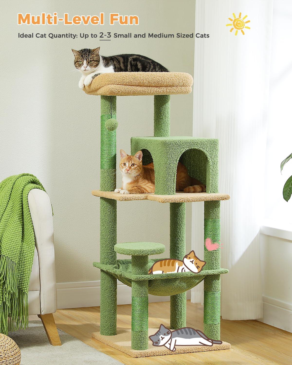 Cat Tree for Indoor Cats, 45.7" Multi-Level Cat Tower with Large Metal Frame Hammock, Cat Condo with 4 Scratching Posts and Top Perch for Small Medium Cat, Beige