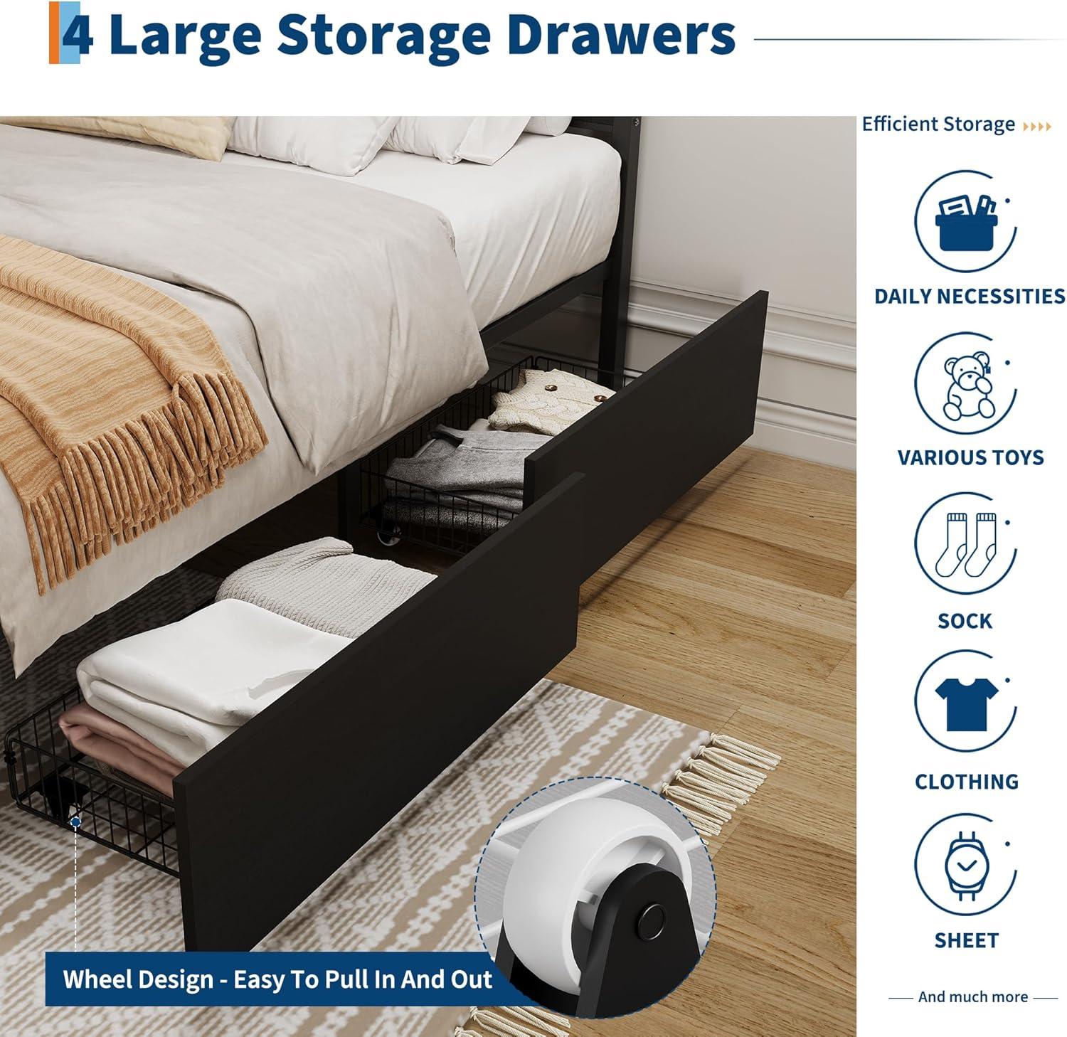 Garvee Rattan Bed Frame with Headboard, Full Bed Frame with Strong Metal Slats Support, Noise-Free Design, No Box Spring Needed, Black