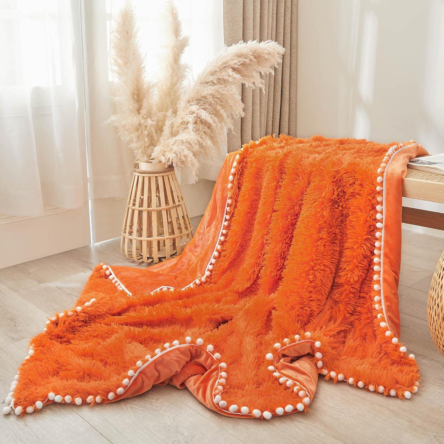 Orange Fleece Throw Blanket with Pom Pom Fringe, 50" x 60"