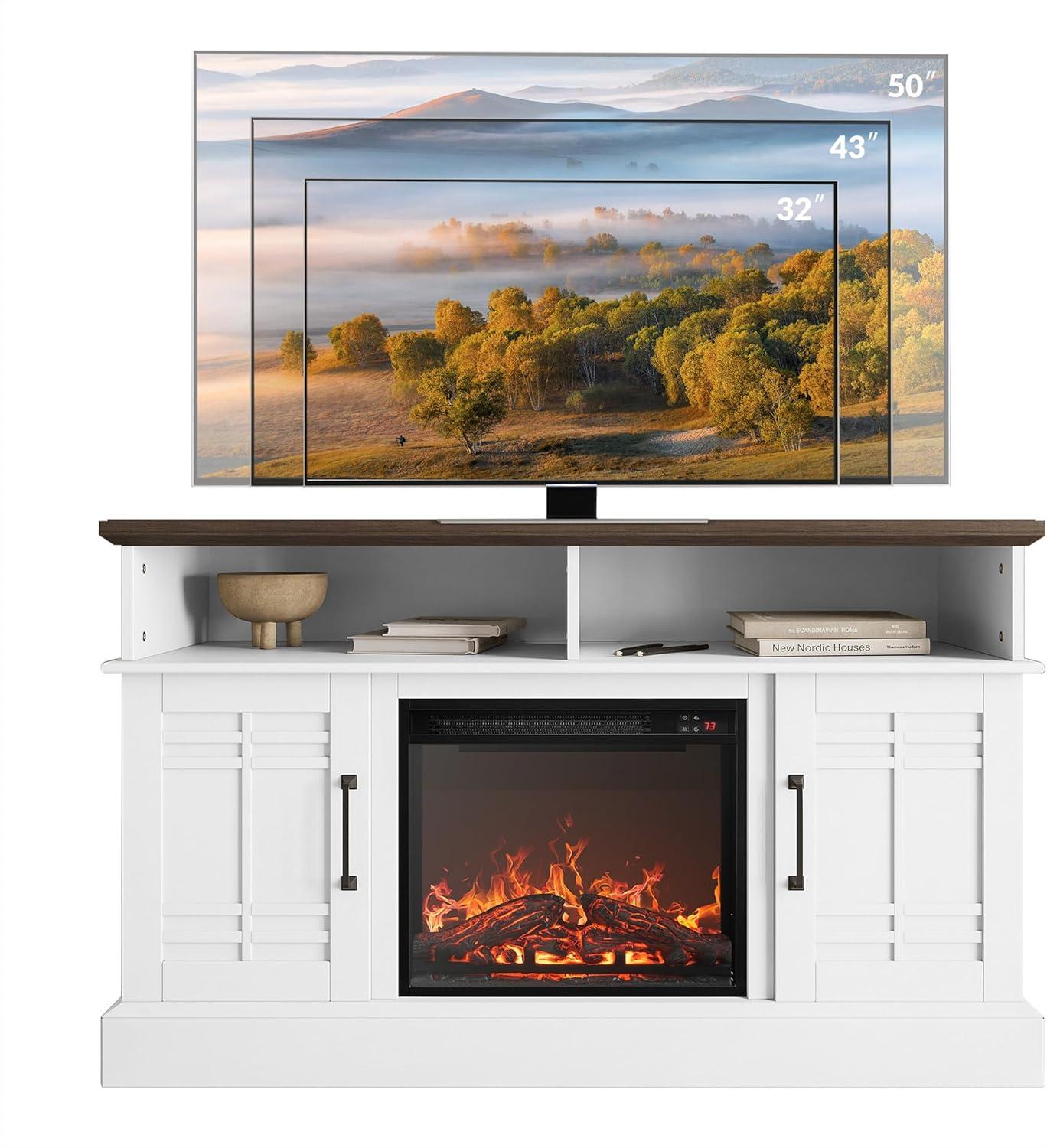 BELLEZE 47" TV Stand with 18" Electric Fireplace, Modern Electric Fireplace TV Stand for TVs up to 50", Entertainment Media Stand with Storage - Norrell (White)