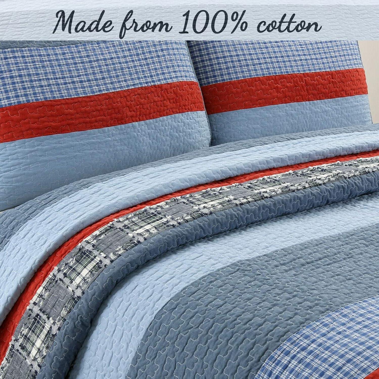 Navy and Red Cotton Reversible Queen Quilt Set