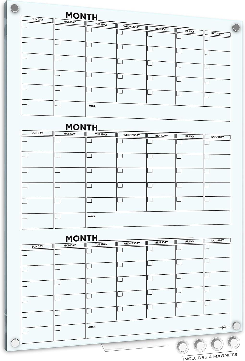 Large Frameless Magnetic Glass Dry Erase Calendar 34" x 46"