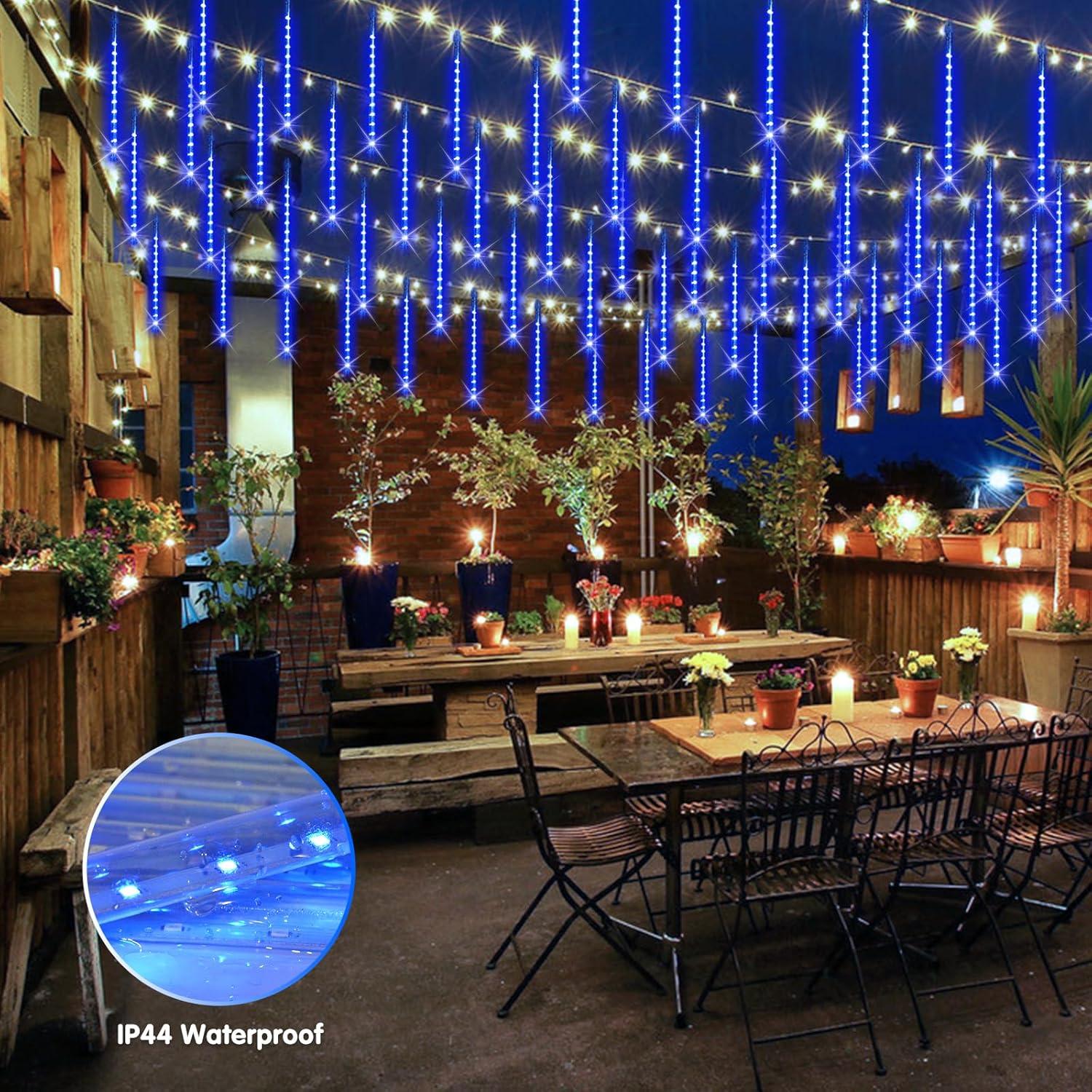 YZhouD 30cm 8-Tube 144 LED Warm White Solar Meteor Rain Lights - Falling Fairy String Lights for Xmas Tree, Wedding, Holiday Party Decor