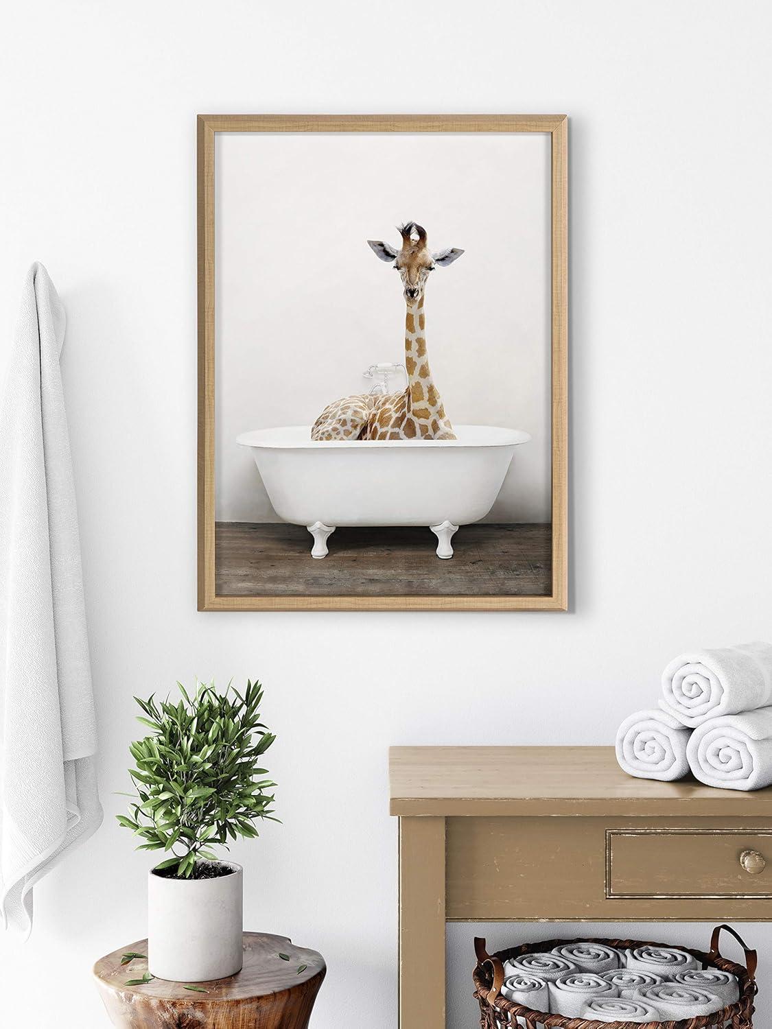 18" x 24" Blake Giraffe 2 in Tub Color Framed Printed Glass by Amy Peterson Art Studio Natural - Kate & Laurel All Things Decor