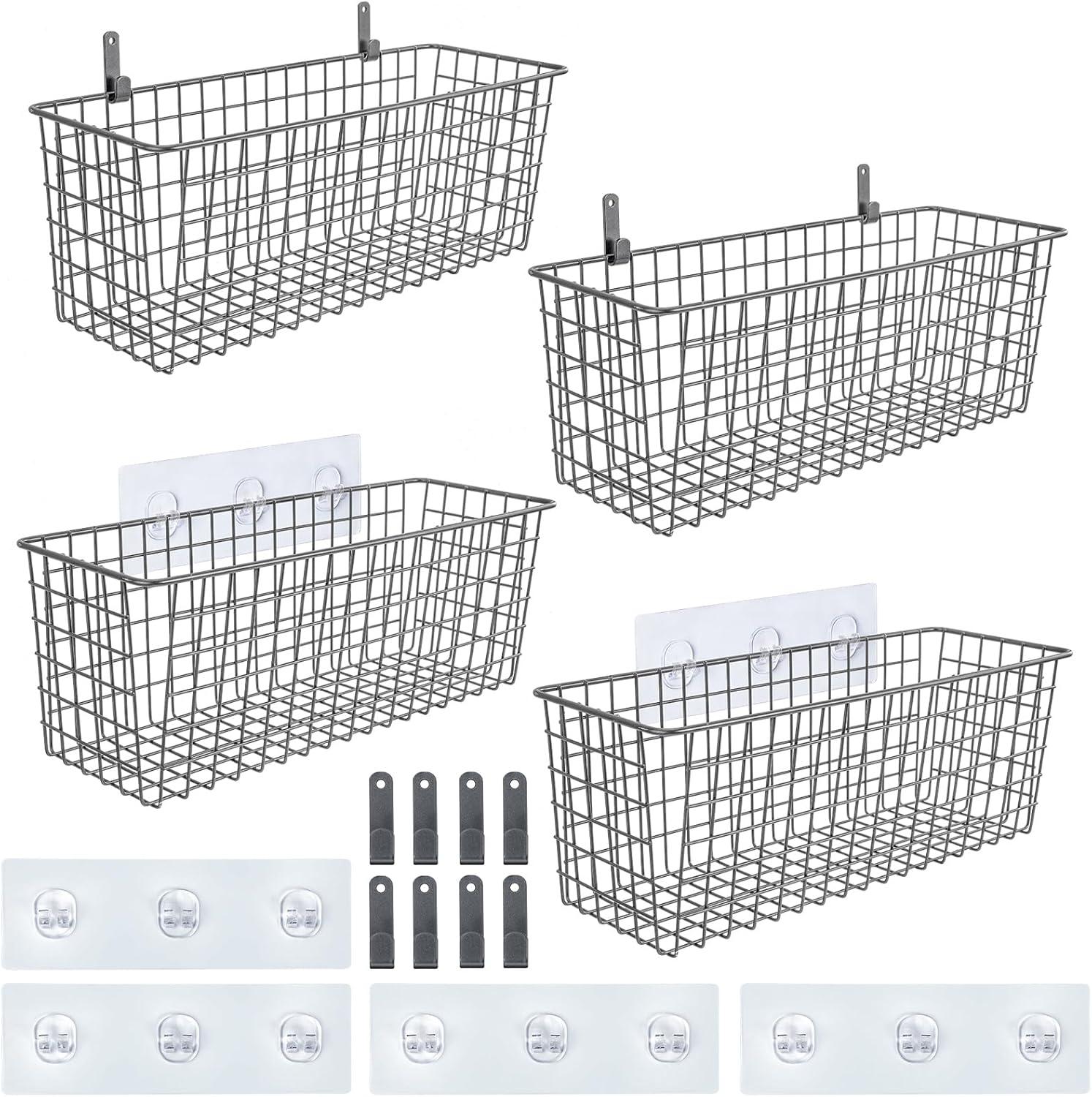 Extra Large Industrial Gray Wall Mount Wire Storage Baskets, Set of 4