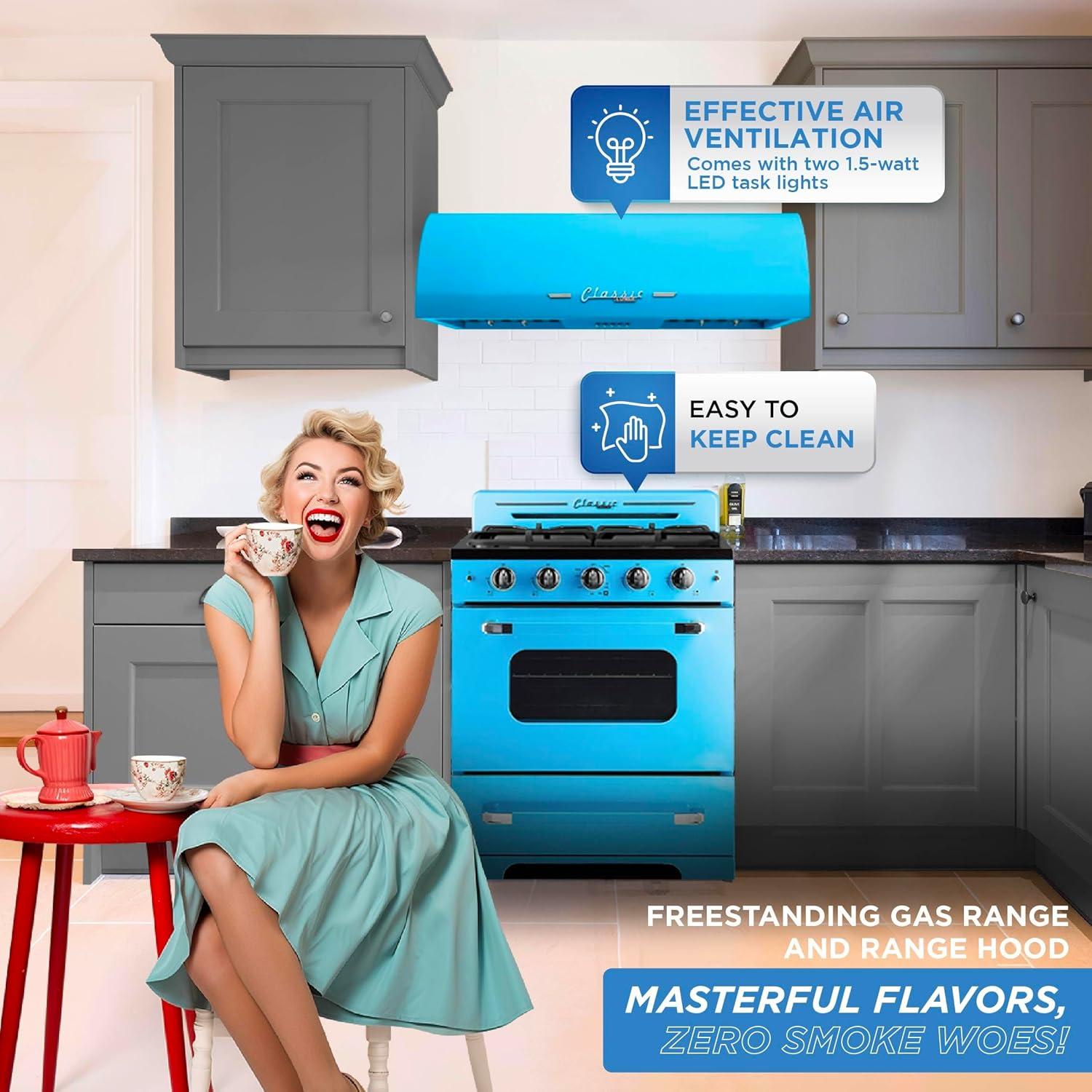 Ocean Mist Turquoise Retro Dual-Fuel Convection Range with Hood
