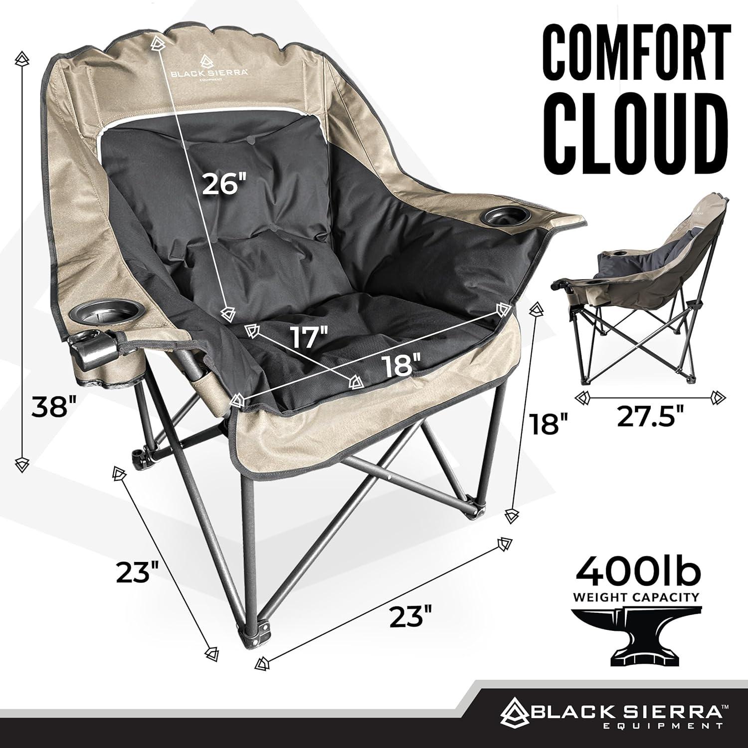 Black Sierra Plush Camping Chair for Sports & Outdoors, Oversize XL Outdoor Folding Chair Supports 400 lbs, Heavy Duty Lounge w/Cup Holders & Carry Bag Perfect for Tailgating, Patio C21