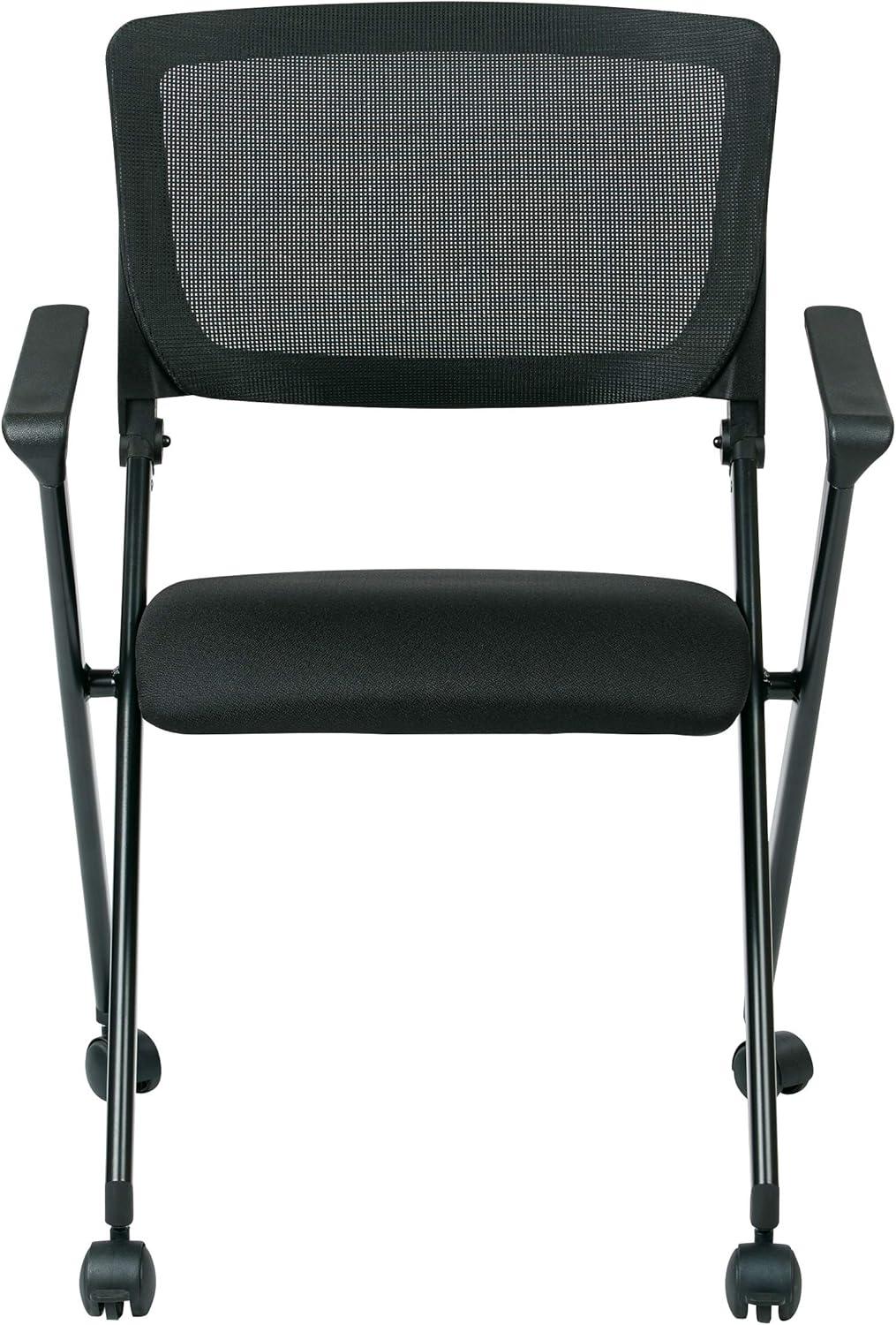 Office Star Products Folding Chair with breathable Mesh Back and Icon Black Seat in Black Finish Frame, 2-Pack