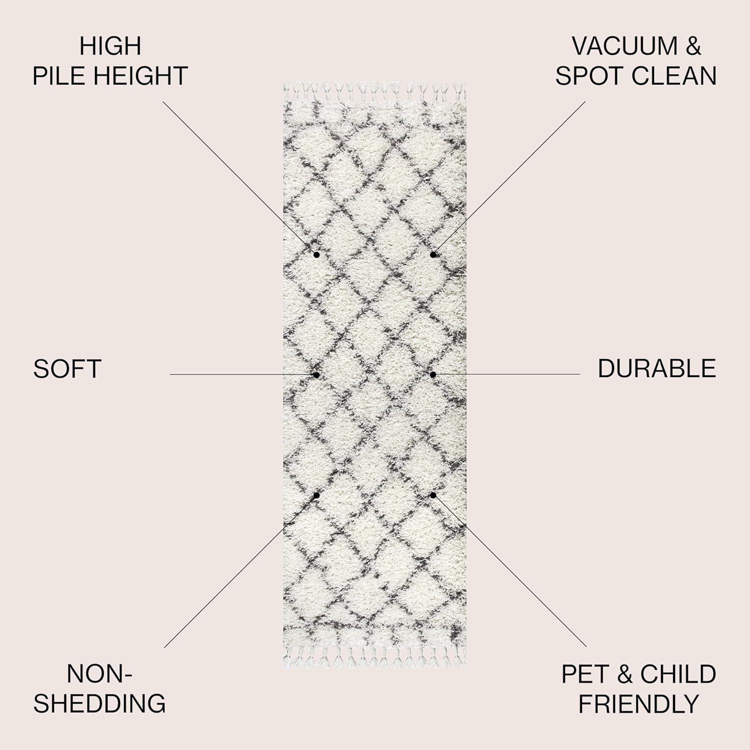 8'x10' Mercer Shag Plush Tassel Moroccan Geometric Trellis Area Rug, Cream/Grey - JONATHAN Y