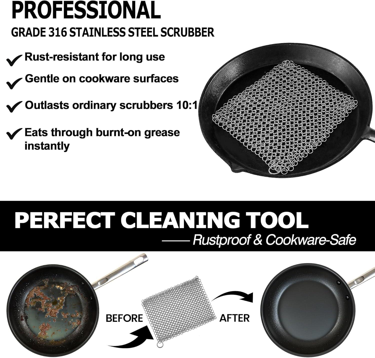 Cast Iron Scrubber 316 Stainless Steel Skillet Cleaner 8"x6" Chainmail Scrubber Scraper Chain Mail Link Scrub for Cast Iron Pre-Seasoned Pans, Griddles, BBQ Grills, and Pot Cookware Cleaning