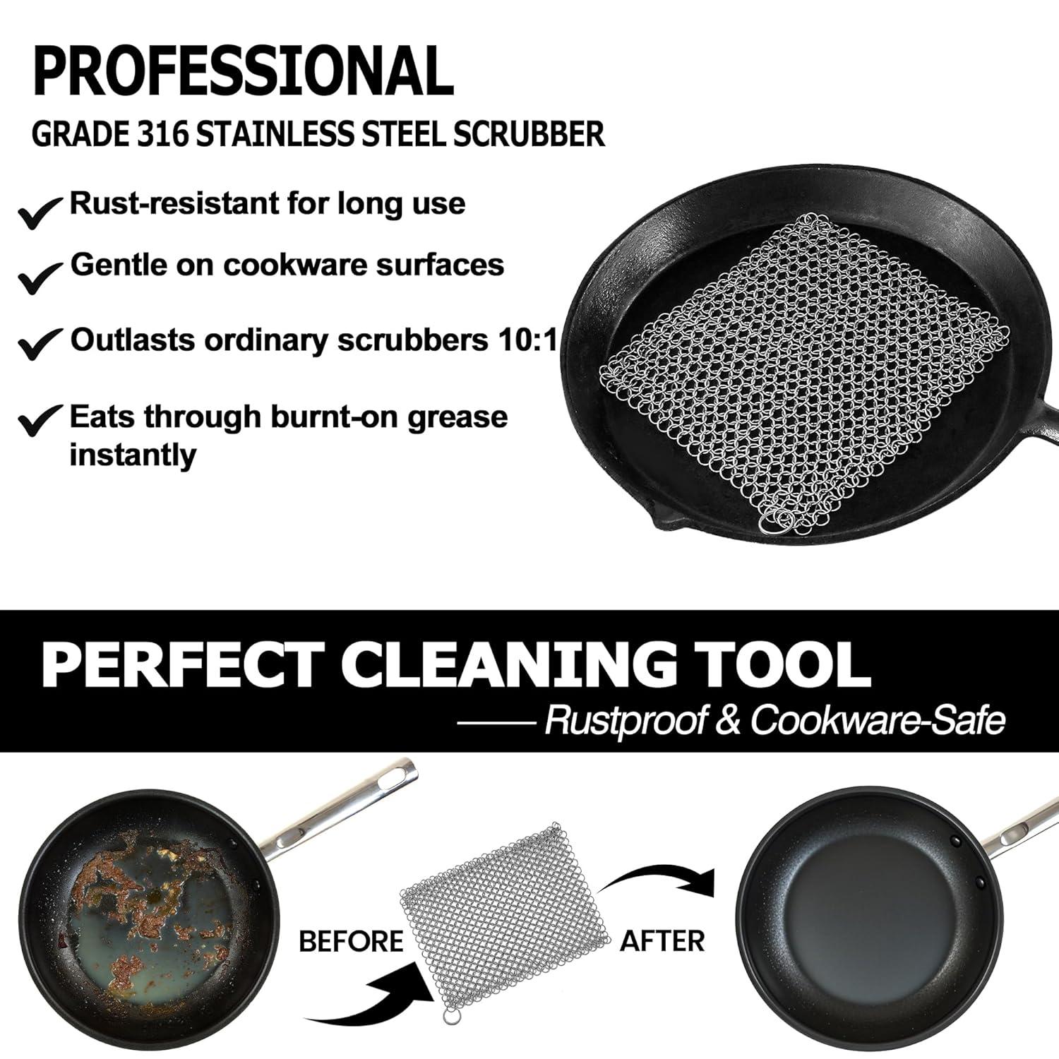 Cast Iron Scrubber 316 Stainless Steel Skillet Cleaner 8"x6" Chainmail Scrubber Scraper Chain Mail Link Scrub for Cast Iron Pre-Seasoned Pans, Griddles, BBQ Grills, and Pot Cookware Cleaning