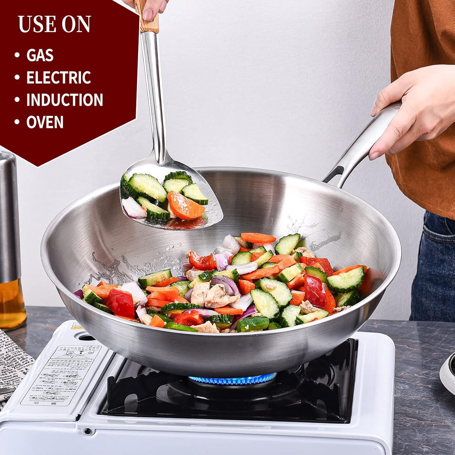 LOLYKITCH 12 Inch Tri-Ply Stainless Steel Wok Pan with Lid, Stir-Frying Pan,Induction Cooking Pan,Dishwasher and Oven Safe,Heavy Duty and Detachable Handle.