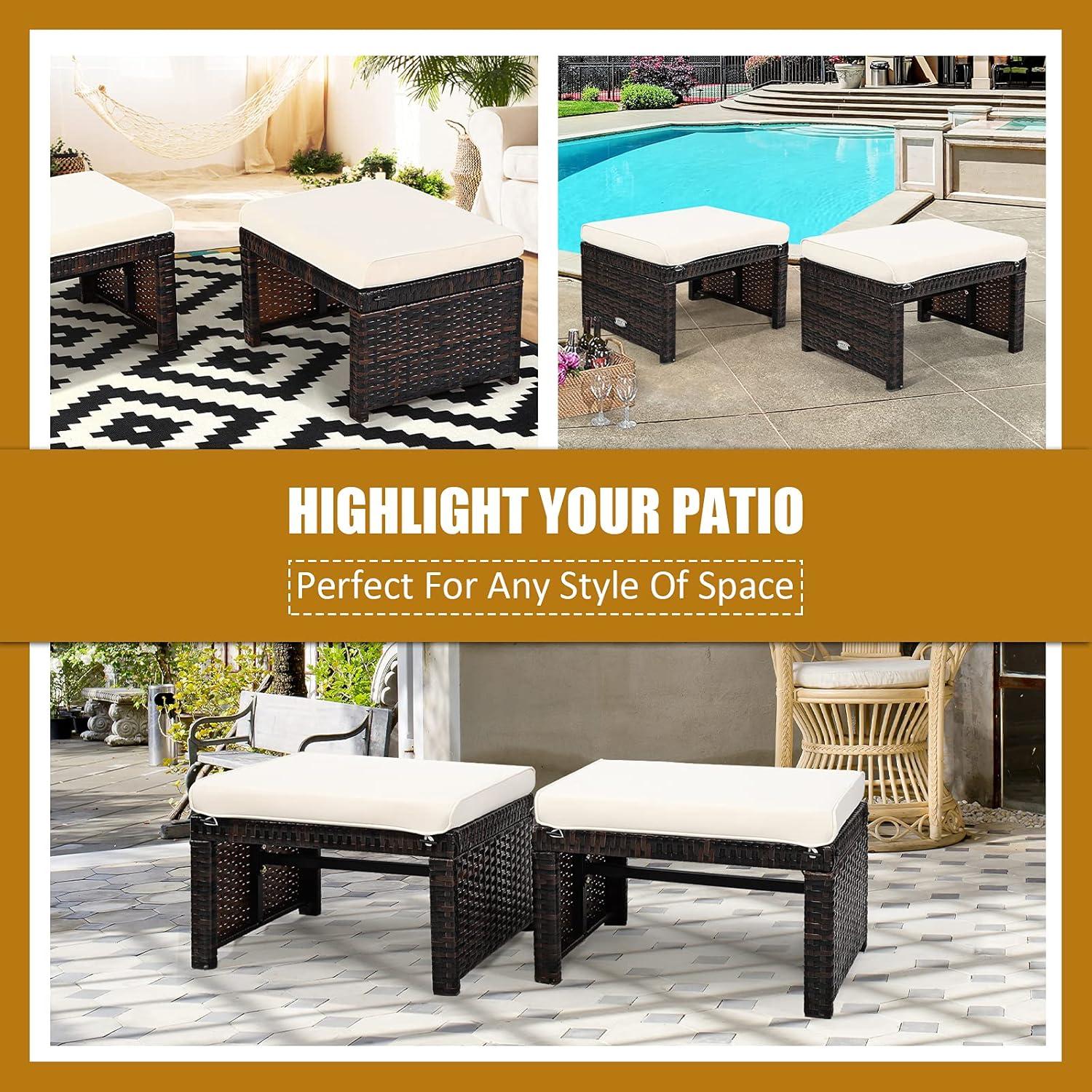 Spaco 2 Pieces Outdoor Patio Rattan Wicker Ottoman Set with Soft Cushion for Garden, Balcony, Poolside, White