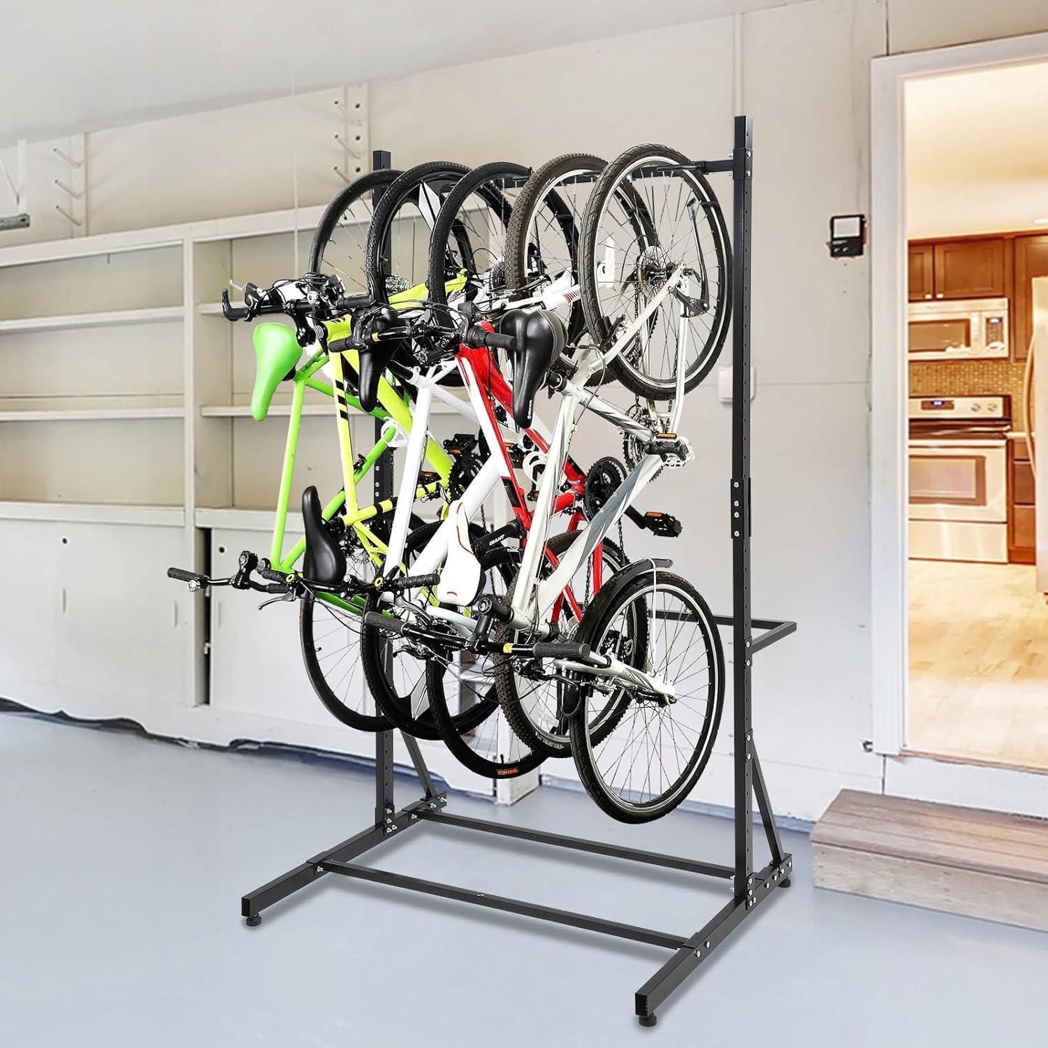 Black Adjustable Freestanding Vertical Bike Storage Rack for 5 Bicycles