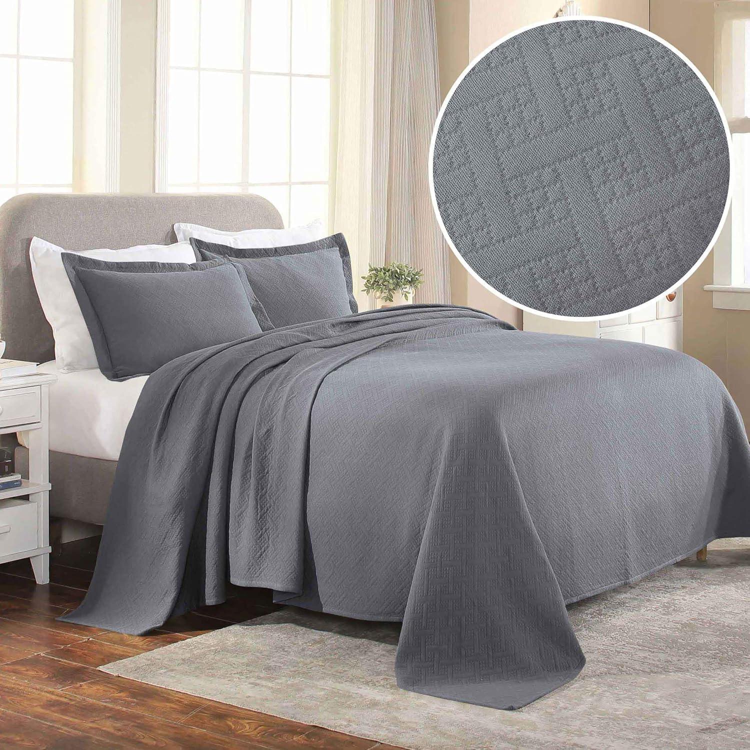 Superior Basketweave Cotton Decorative Bedspread and Sham Set, Queen, Gray