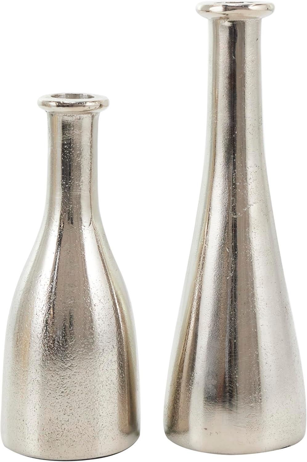 Deco 79 Aluminum Metal Decorative Candle Holder Candle Stand with Varying Shapes, Set of 2 Candlestick Holder 9", 7" H, Silver