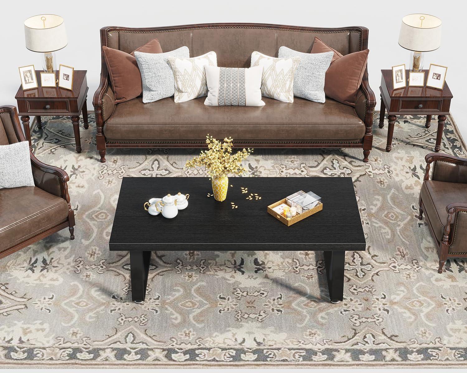 Latitude Run® Black Coffee Table, Industrial Wood And Metal Legs Center Table, Black Oak, 47 Inch