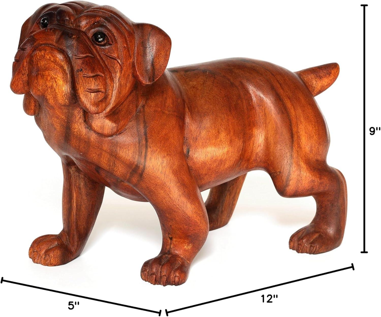 Hand Carved Wooden Bulldog Statue in Rustic Brown Finish