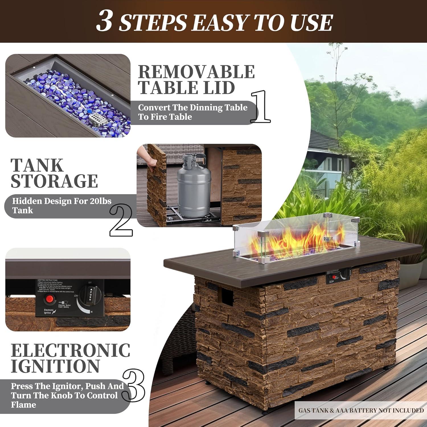 43" Propane Fire Pit Table Outdoor Stone Firepit Table Rectangular 50000 BTU Propane Fire Tables for Outside Patio with Wind Guard, Table Lid, Fire Beads, Cover,Pizzello Caldo (Buff)