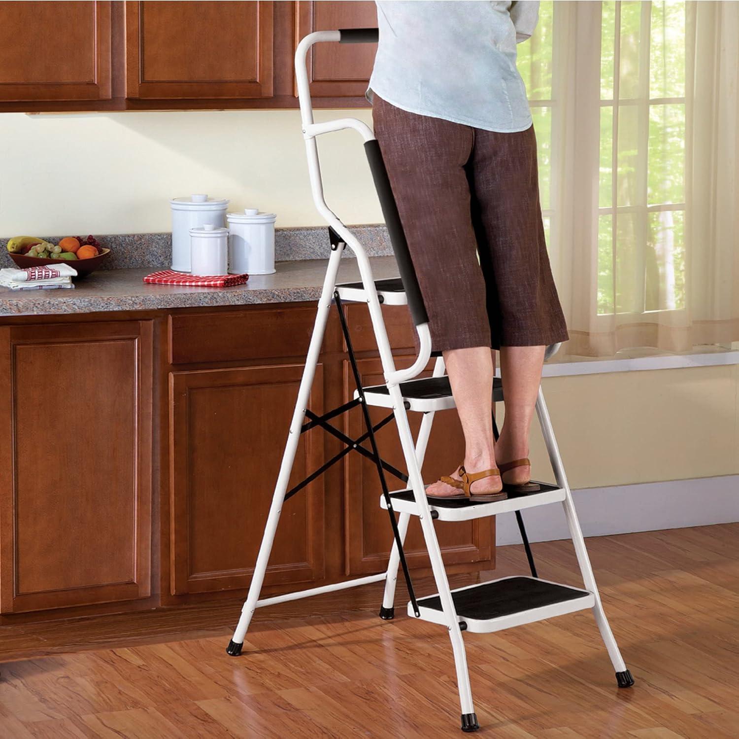Collections Etc. Folding Anti-Slip Safety Step Ladder with Handrail Grips for Home or Office, Four Steps, 62.5 inches tall, White, White