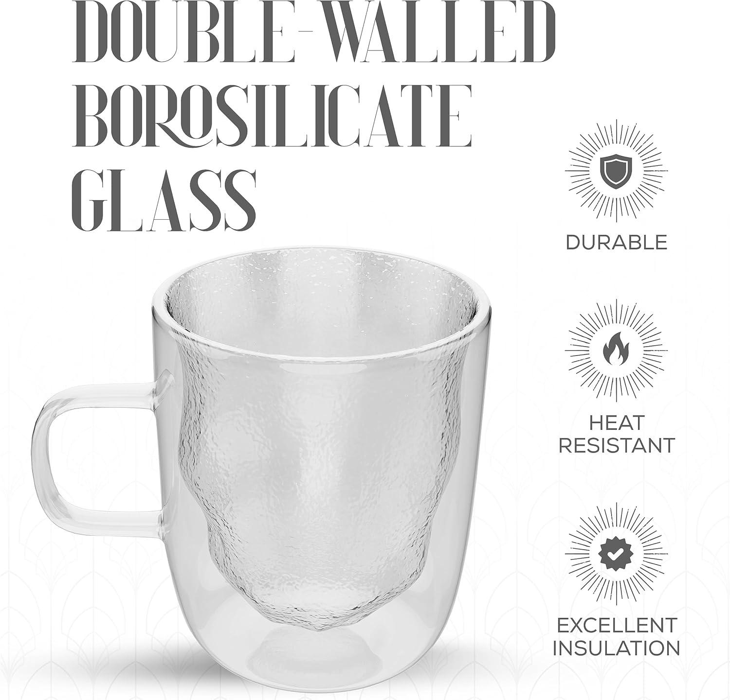 Elle Decor Set of 2 Insulated Coffee Mugs, 13-Oz Double Wall Crushed Design Glasses, Clear