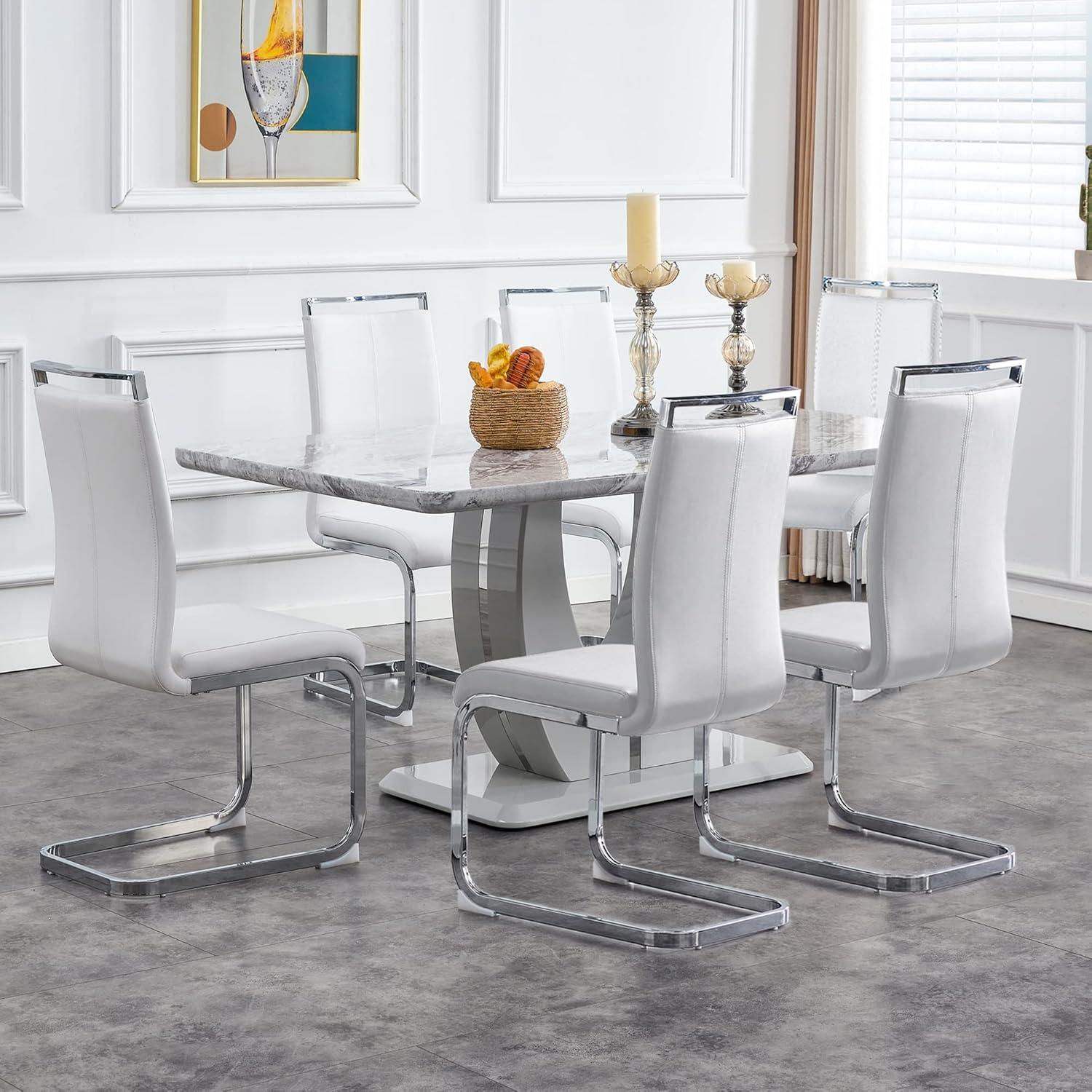 Modern White Faux Marble Dining Table Set with 6 Gray PU Leather Chairs