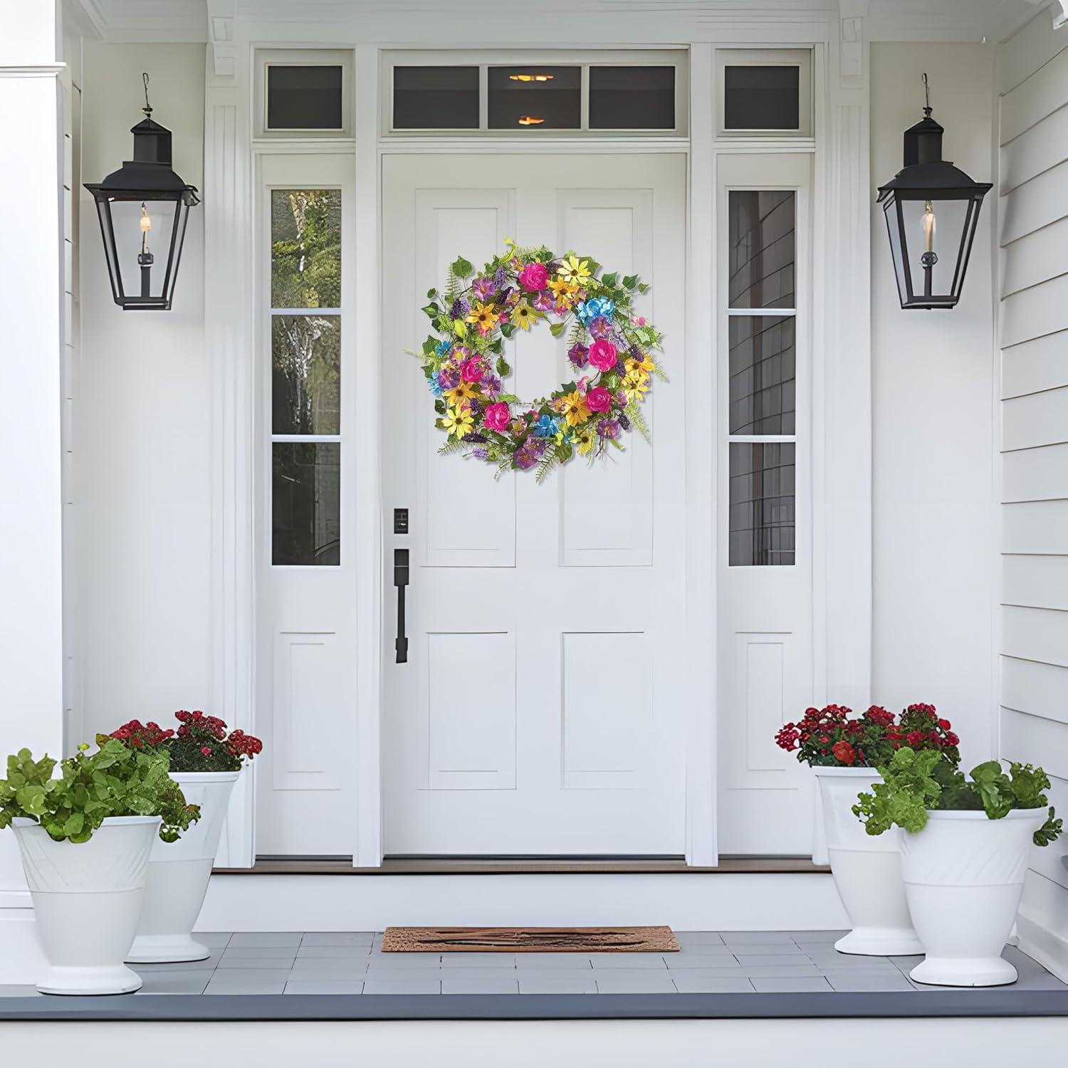 Collections Etc Colorful 17" Mixed Floral Spring Summer Wreath with Yellow Daisies