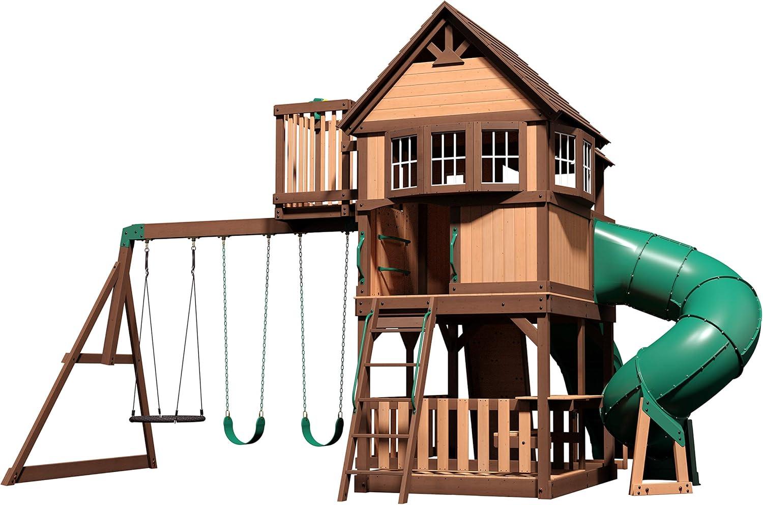 Skyfort Cedar Swing Set with Green Slides and Swings