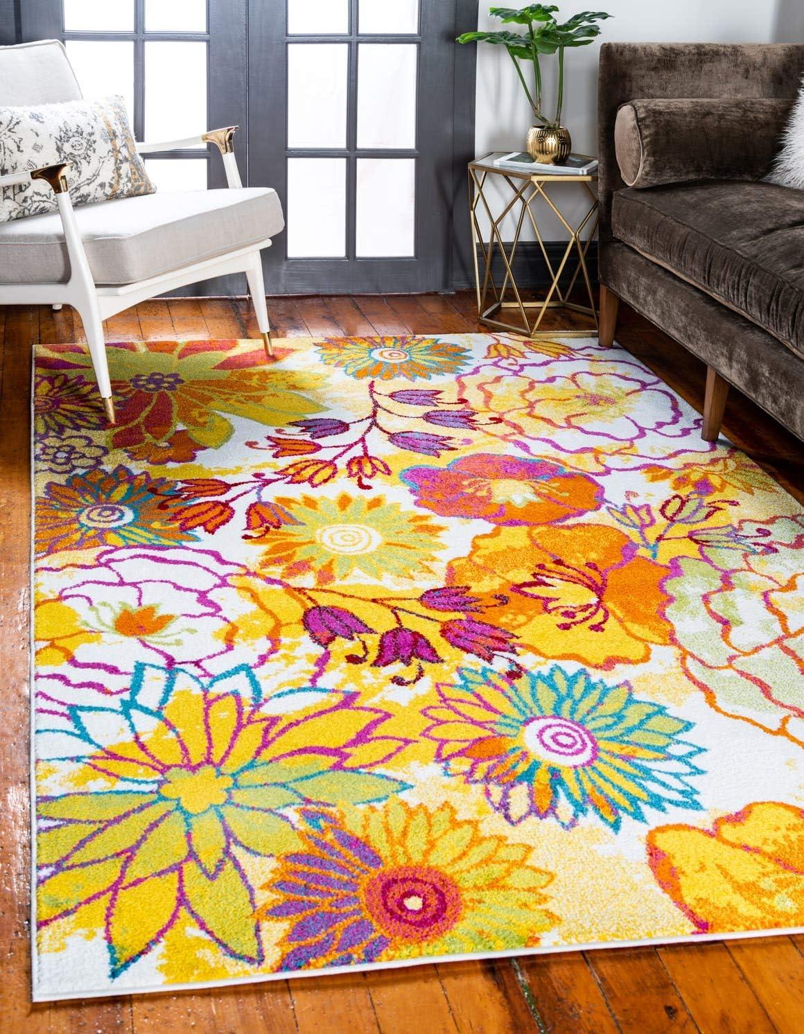 Ivory Floral Easy-Care Synthetic Rectangular Rug