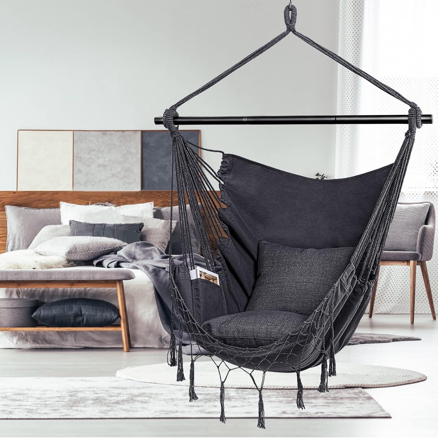 Jelofly Hammock Chair Large Hanging Rope Swing Seat Chair with Pocket Max 350 Lbs Superior Comfortable for Indoor Outdoor Home Bedroom Garden, Seat Cushions Not Included (Dark Grey)