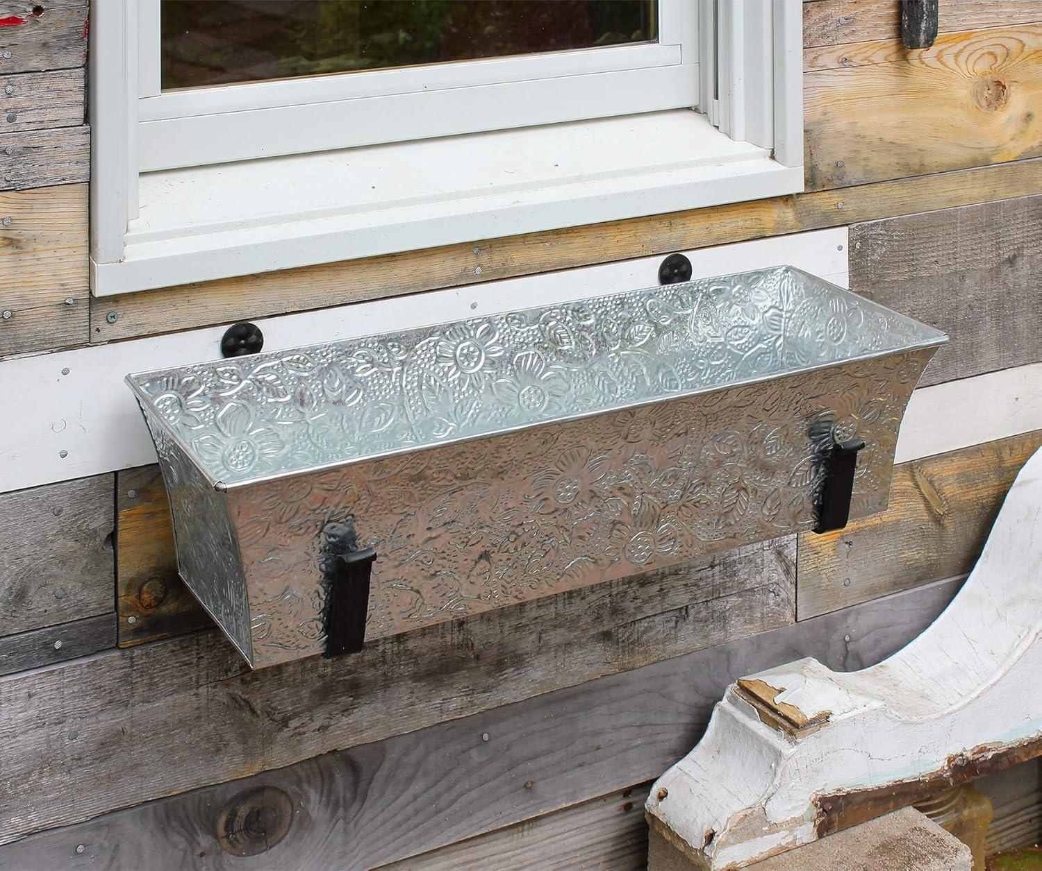 Rectangular Embossed Floral Pattern Planter Box - ACHLA Designs: Galvanized Steel, Drain Holes, Wall-Mountable