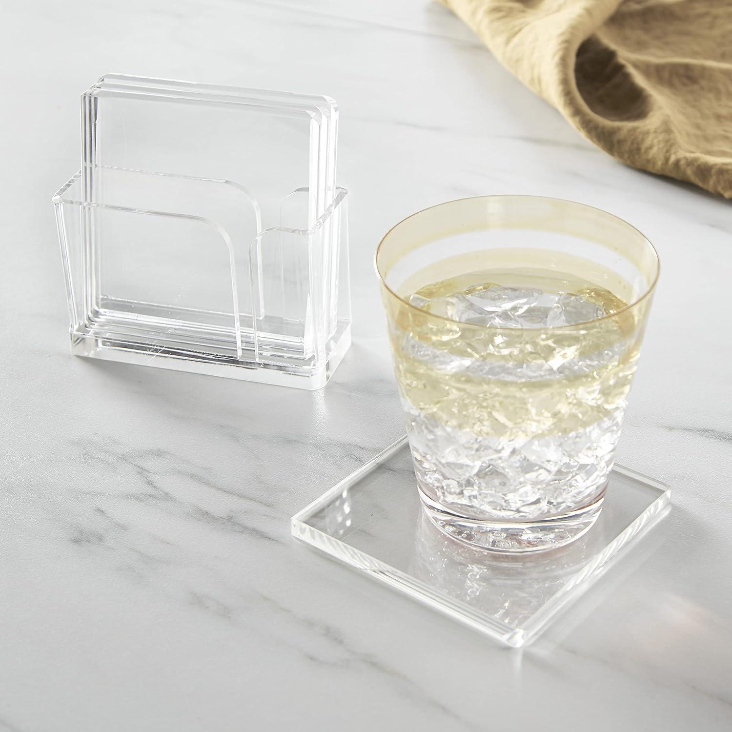 Juvale Set of 4 Clear Blank Acrylic Drink Coasters with Stand Holder, Round 4 inch