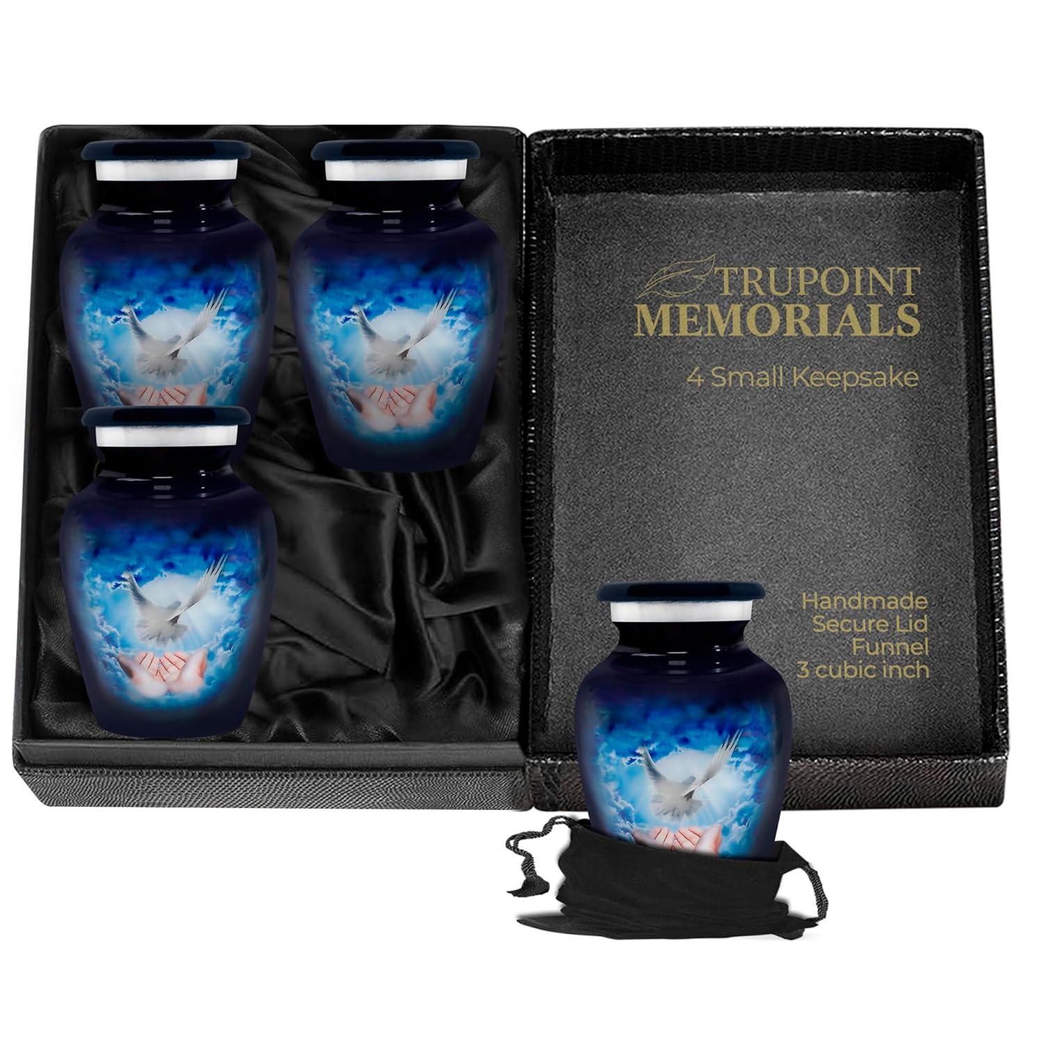 Trupoint Memorials Small Urns for Human Ashes Keepsake, Decorative Mini Cremation Urn for Adult Men & Women – Set of 4, Blue Dove