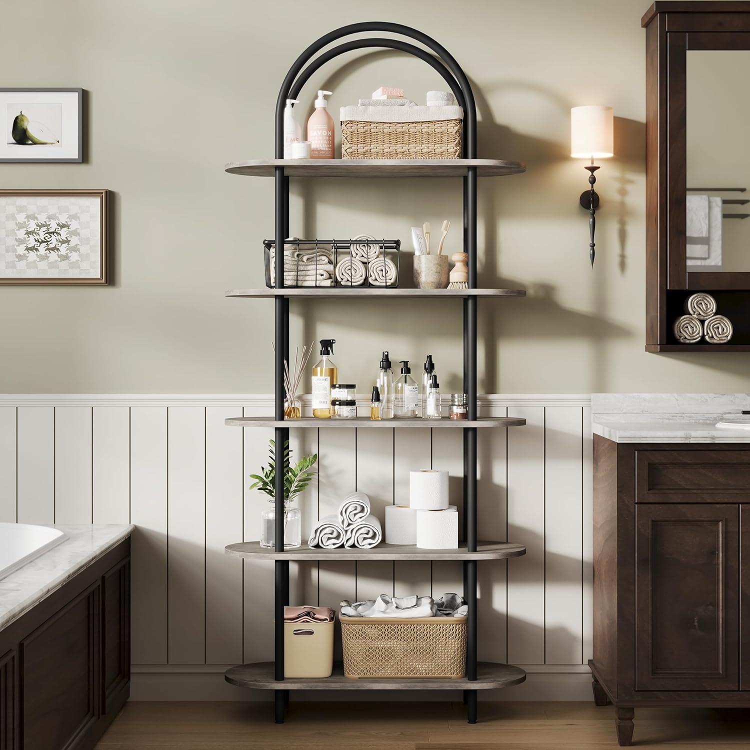 Black and Retro Five-Tier Arched Metal and Wood Bookshelf