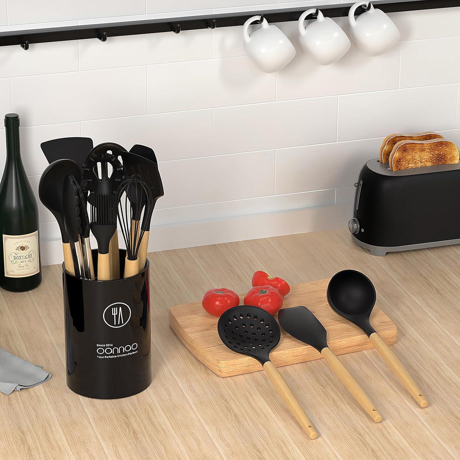 oannao Silicone Cooking Utensils Set - 446°F Heat Resistant Silicone Kitchen Utensils for Cooking,Kitchen Utensil Spatula Set w Wooden Handles,Holder, BPA FREE Gadgets for Non-Stick Cookware (Black)