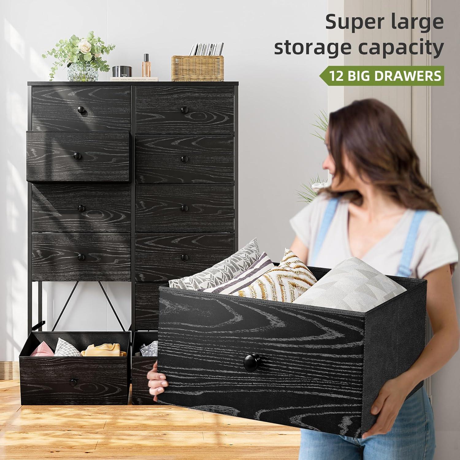 U-SHARE Dresser for Bedroom with 12 Drawers, Tall Dressers for Bedroom Black Dressers & Chests of Drawers for Closet, Living Room, Wood Top, Metal Frame Black