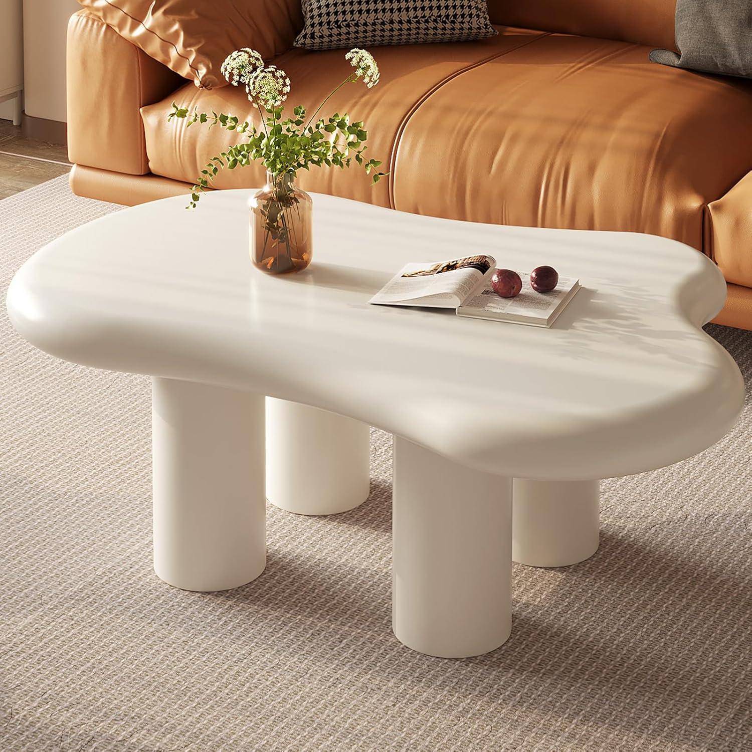 Guyii 41.02" Cream White Cloud Coffee Table, Irregular Coffee Table with 3 Legs for Living Room, Office