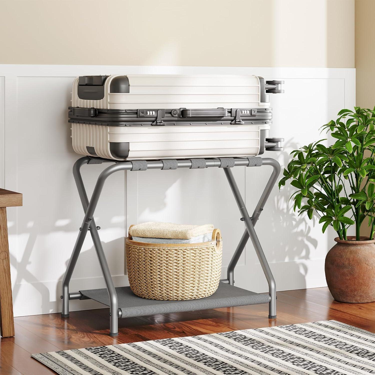 MEBROT Set Of 2, Foldable Suitcase Stands For Guest Room, Metal Luggage Holder With Storage Shelf For Bedroom, Hotel, Easy Assemble