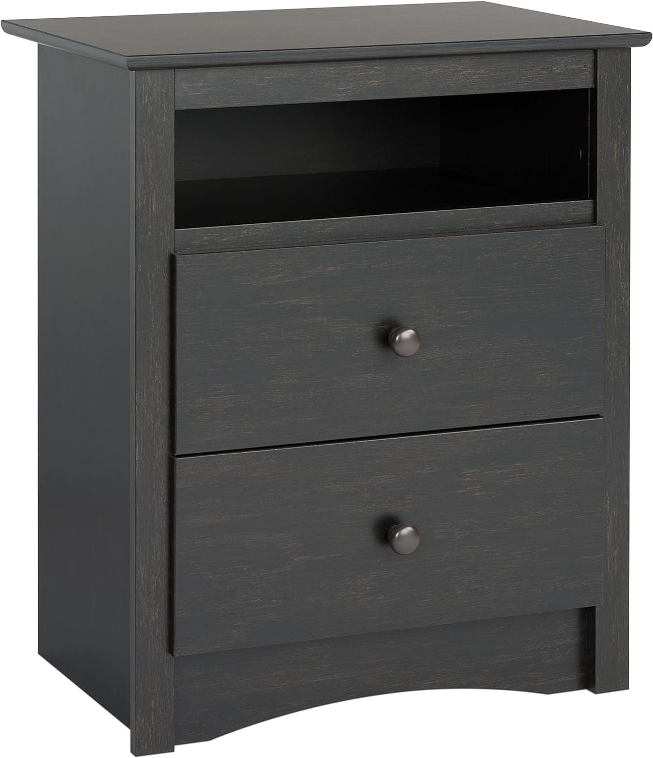 Washed Black 2-Drawer Nightstand with Open Shelf