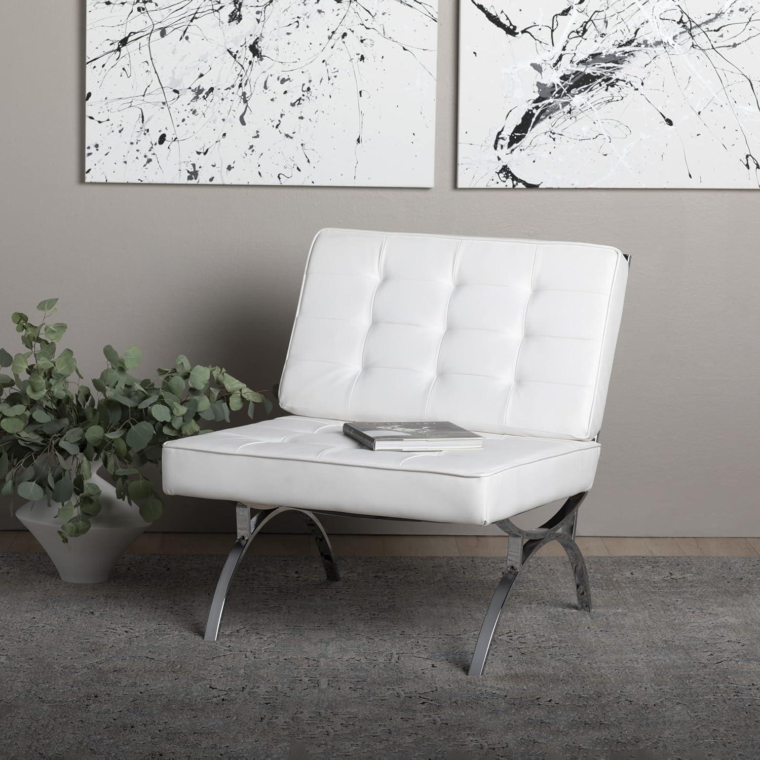 Elegant Mid-Century Modern White Leather Metal Frame Accent Chair