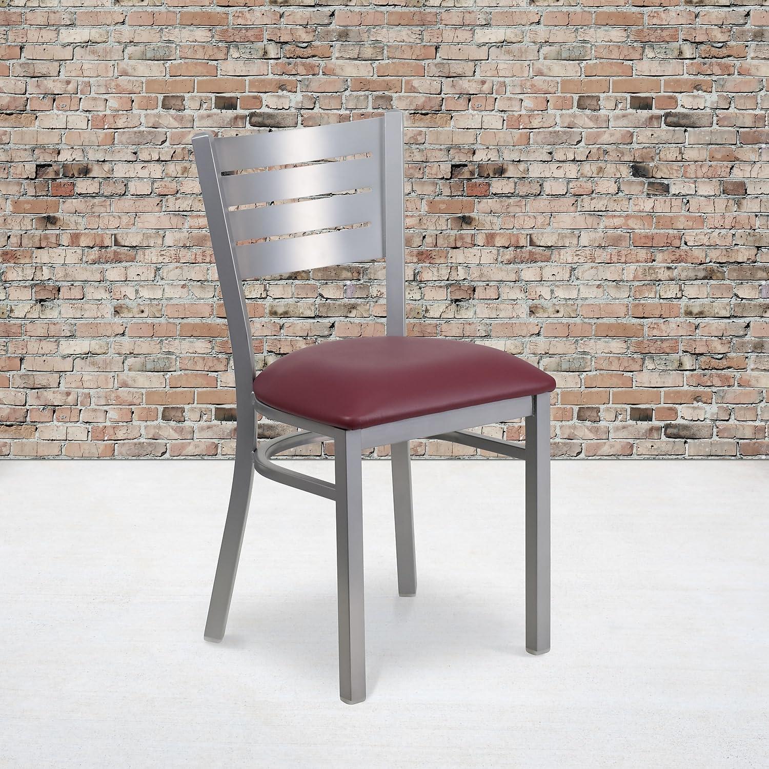 Flash Furniture HERCULES Series Silver Slat Back Metal Restaurant Chair - Black Vinyl Seat