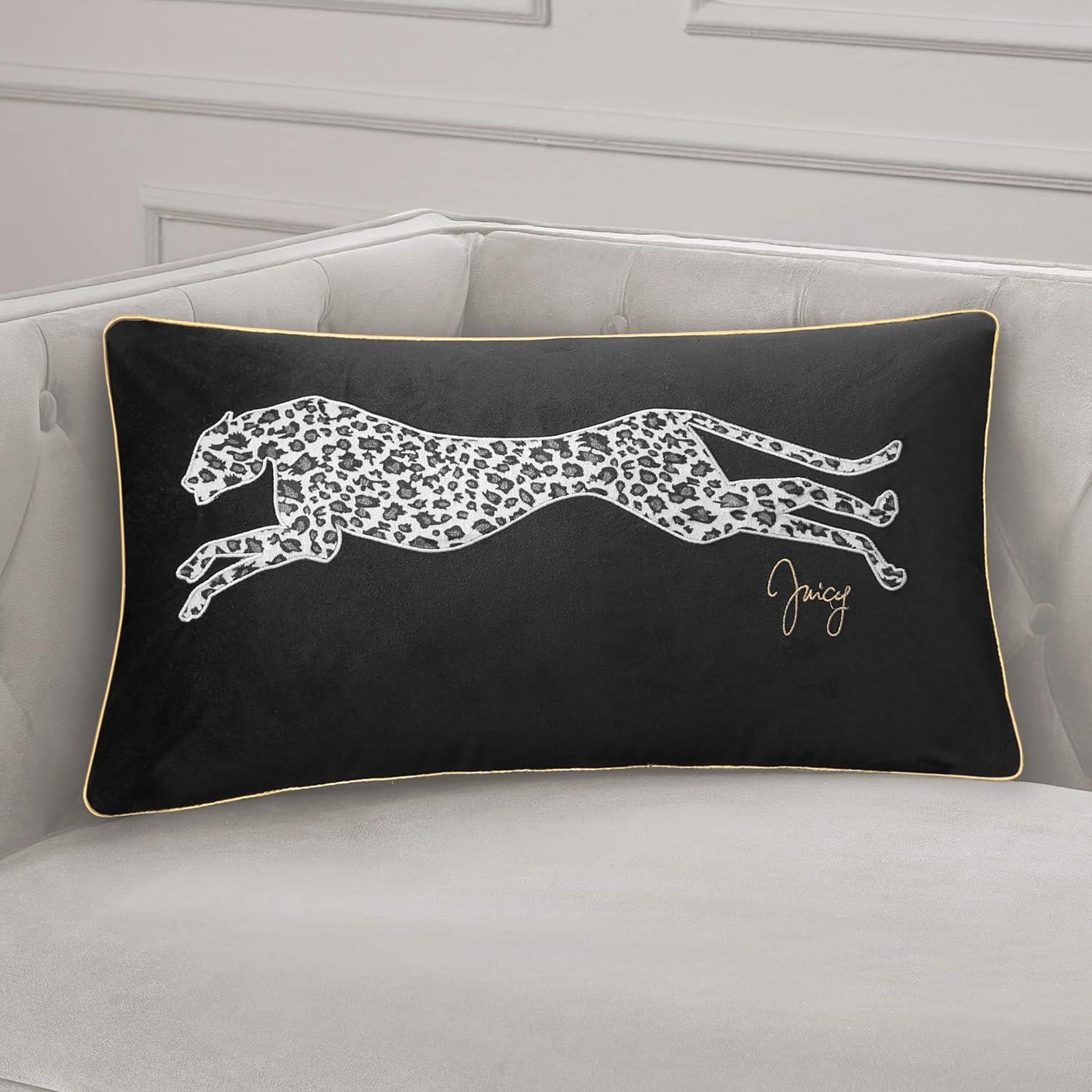 Black Velvet Rectangular Embroidered Cheetah Throw Pillow