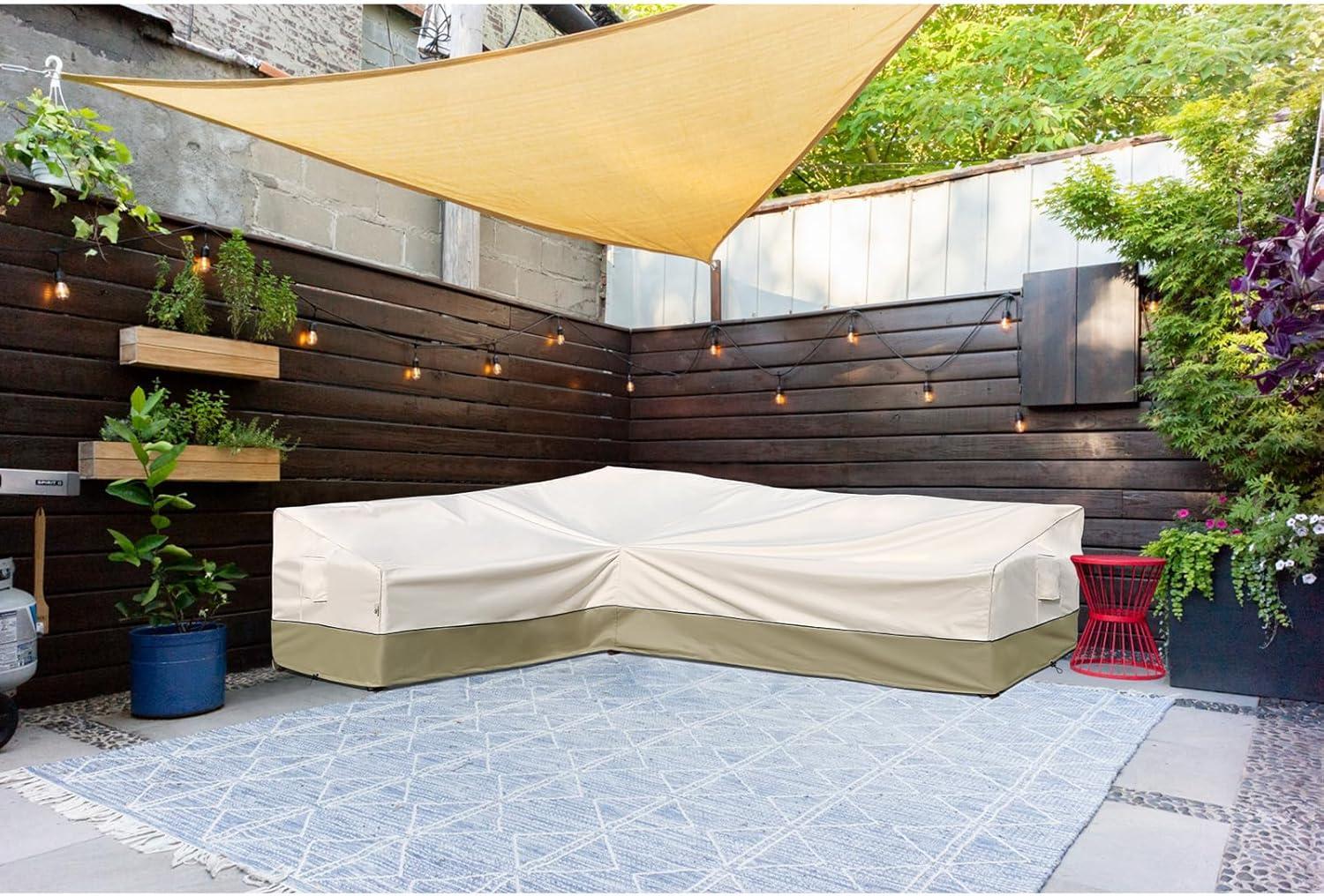 Outdoor Sectional Cover-V-Shaped Garden Patio Furniture Covers Waterproof Rip-Stop Anti-UV 600D Heavy Duty Outdoor Couch Cover with 3 Air Vents Sofa Cover 85''L 33.5''D 31''H,Beige & Reddish Brown