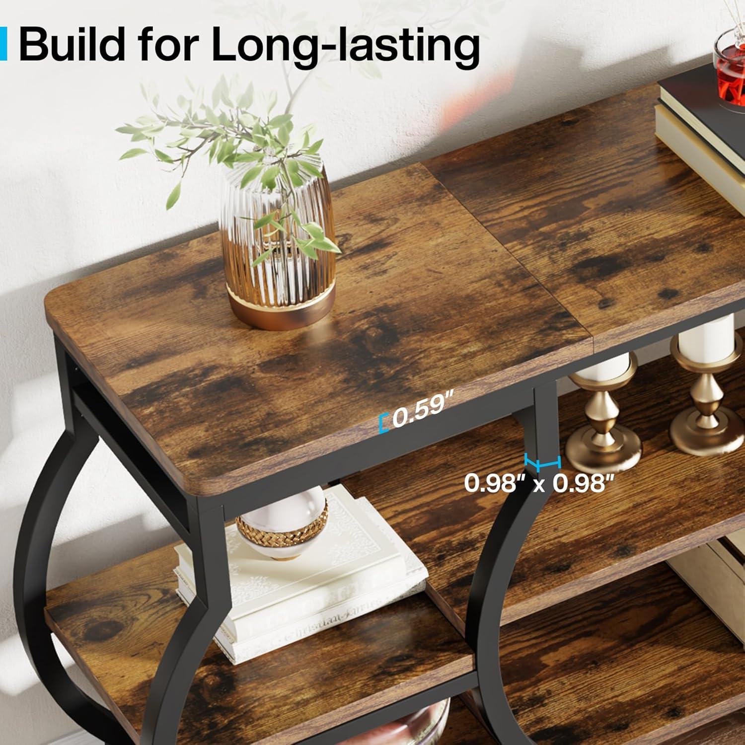 63'' Rustic Wood and Metal 3-Tier Console Table with Storage Shelves