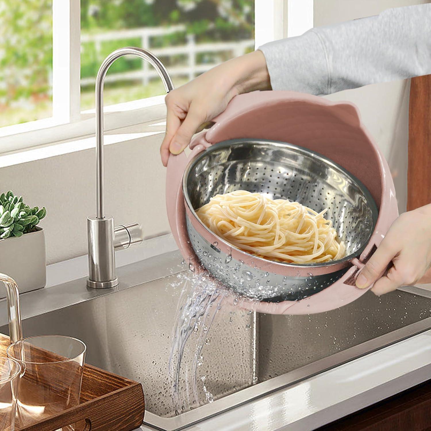 Pink 4-in-1 Stainless Steel Colander with Plastic Mixing Bowl Set